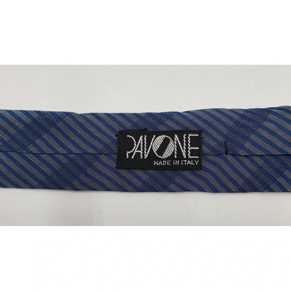 Pavone Blue Grey Striped Silk Necktie Hand Made in Italy Classic Business Tie